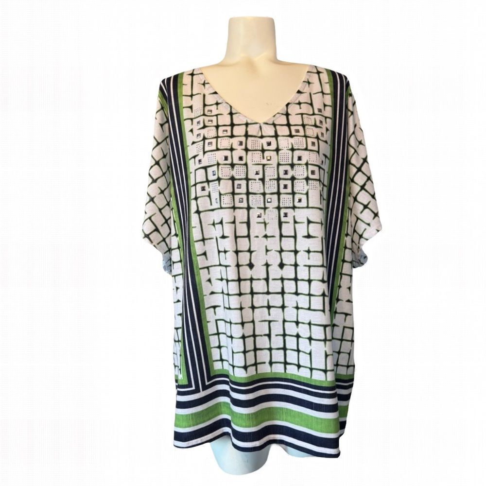 Chico’s Geometric Patterned Embellished V-Neck White Green Black Top 3 XL